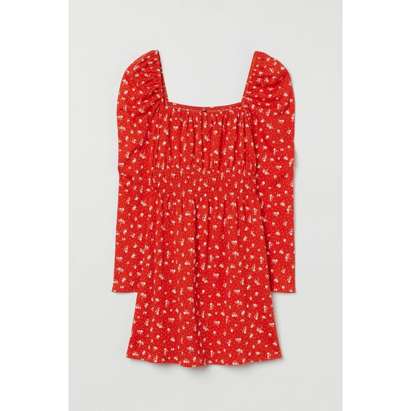 H&M Sukienka z bufiastym rękawem 0938419001 Czerwony/Kwiaty